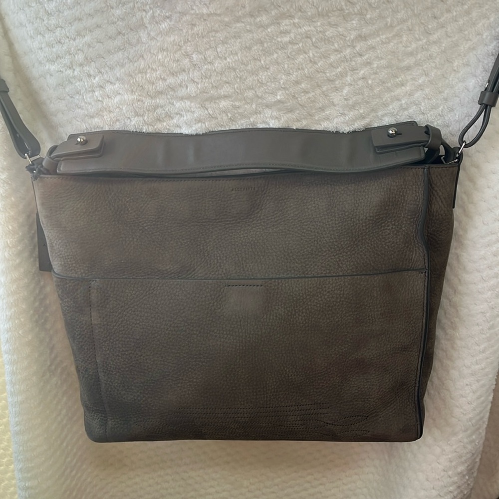 NWT ALLSAINTS grained leather Tote handbag. Ash Grey. Adjustable Shoulder Strap